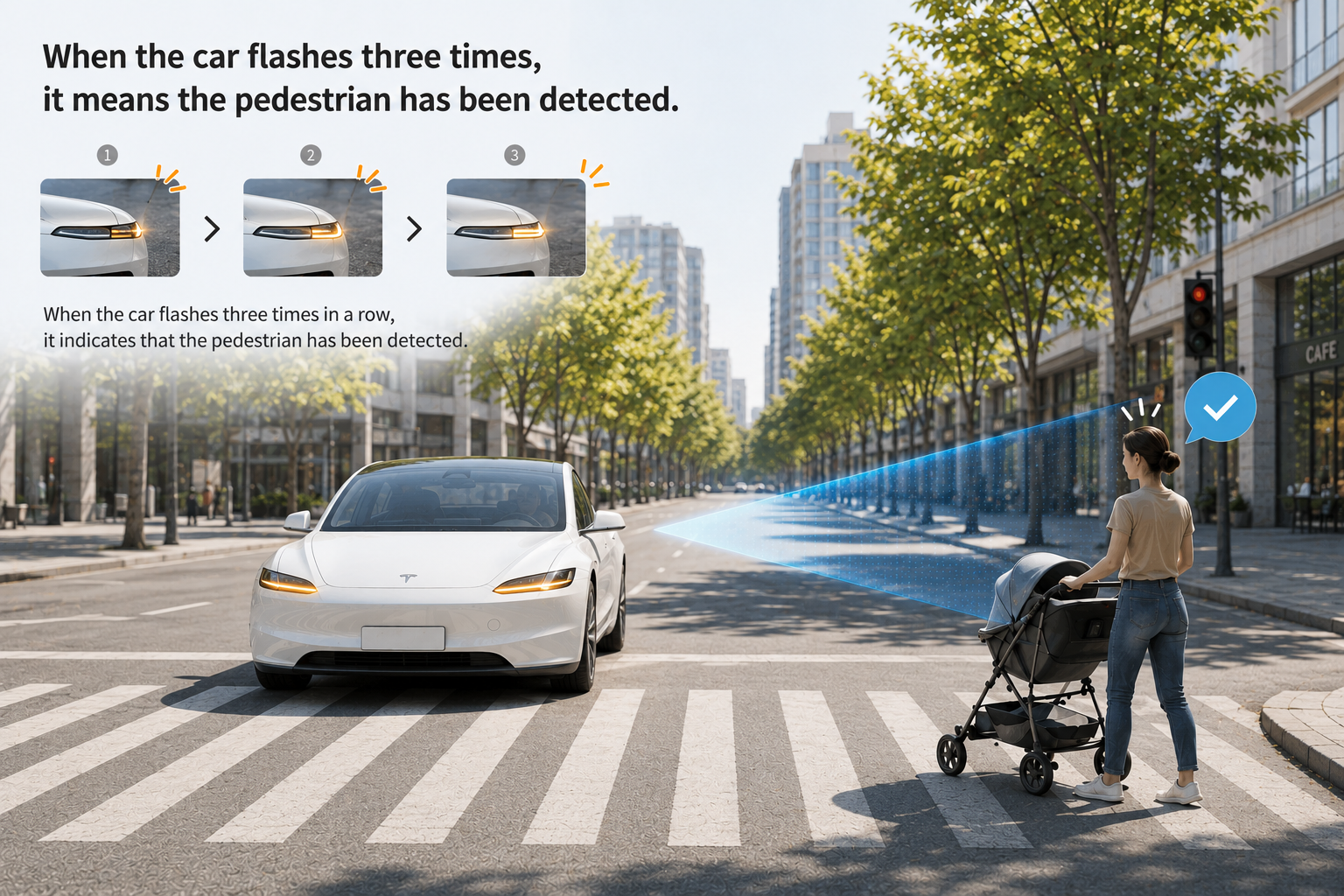 The car detects the pedestrian and flashes its lights three times