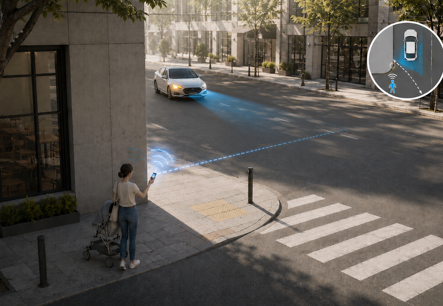The pedestrian actively signals the car, covering radar blind spots