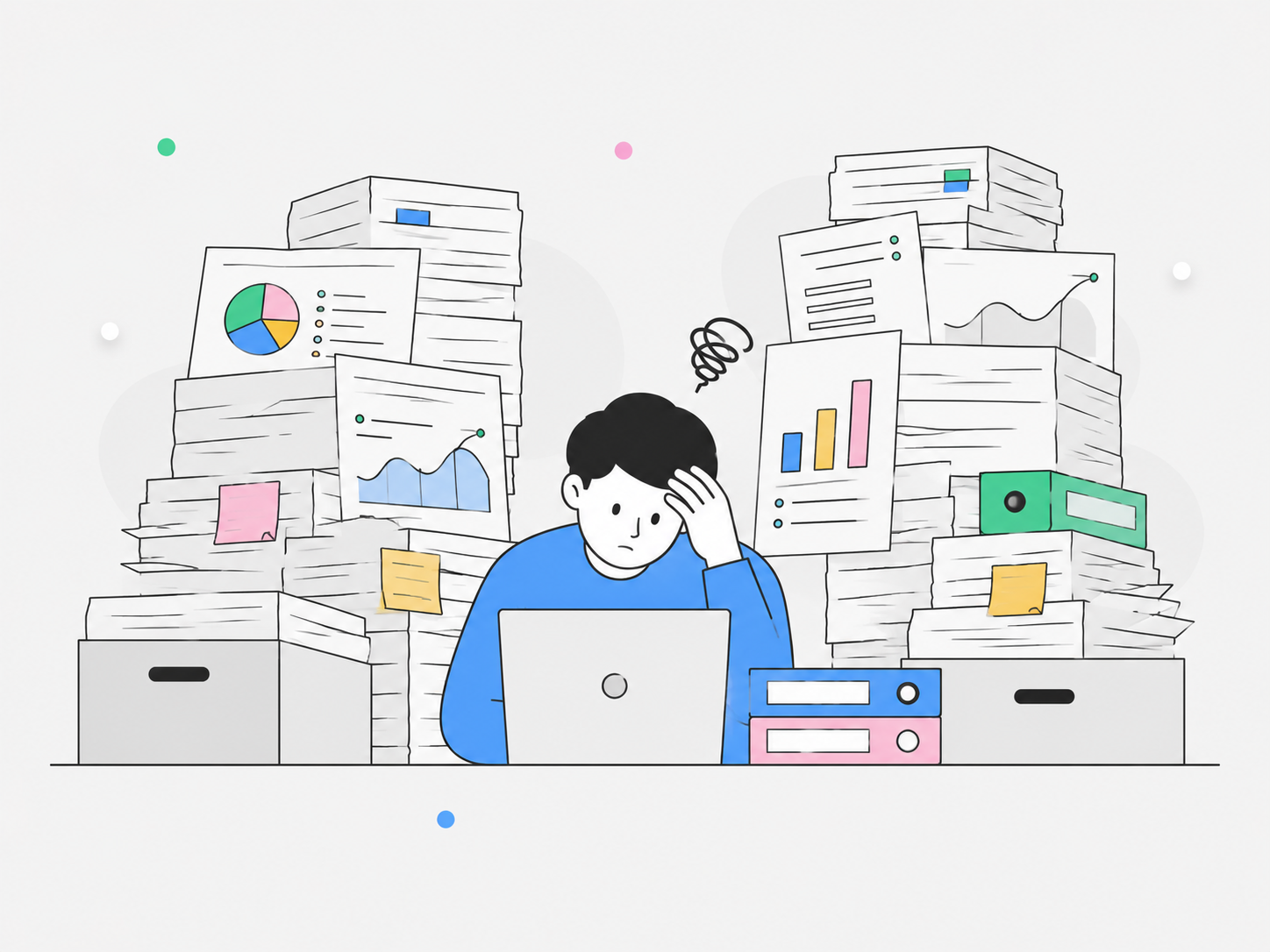 High content bar, a person buried in stacks of documents