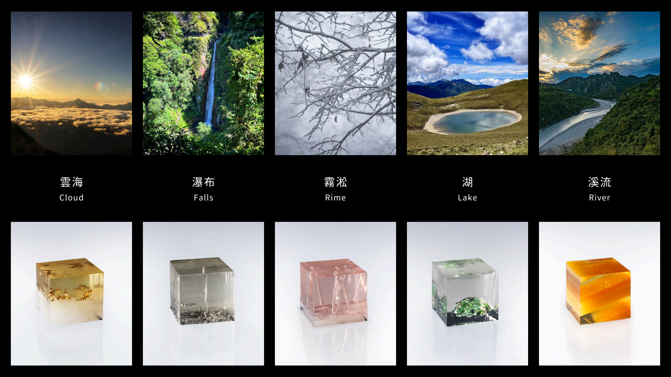 The water series, five water forms as jelly cubes