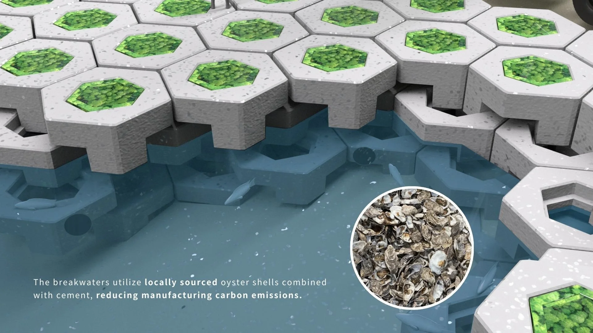 Aerial view of the hexagonal eco-breakwater modules