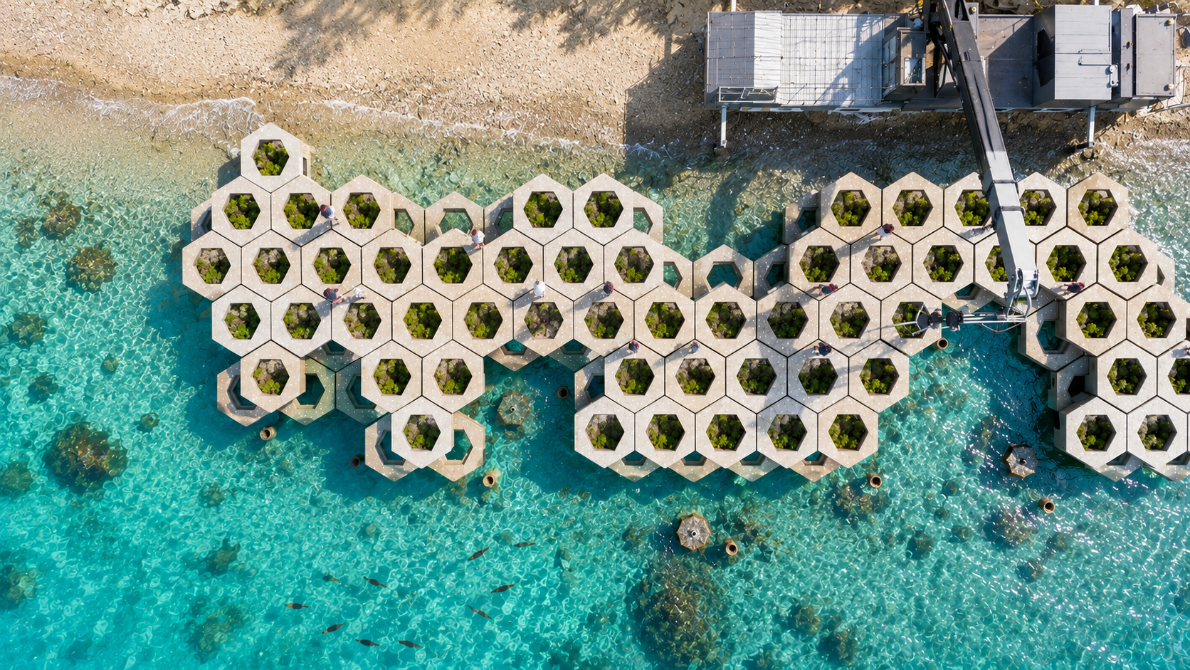 Smart Coastline Defense System, hexagonal eco-breakwater along a turquoise coastline