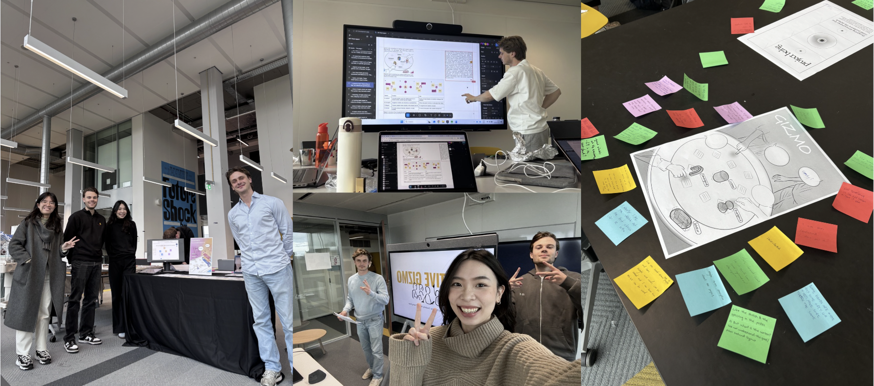 Demo day: the team presenting Creative Gizmo, walking visitors through the system, and sticky-note feedback left on the Gizmo poster